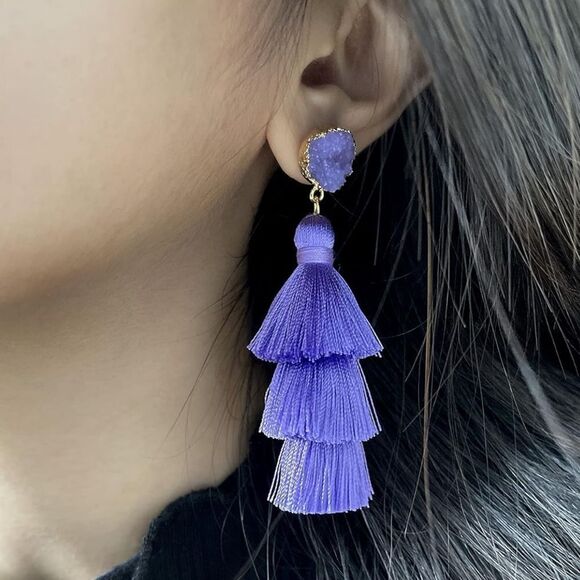14K Yellow Gold with Lavender Silk Thread Tassel and Quartz Druzy Post Earrings - Picture 4 of 8